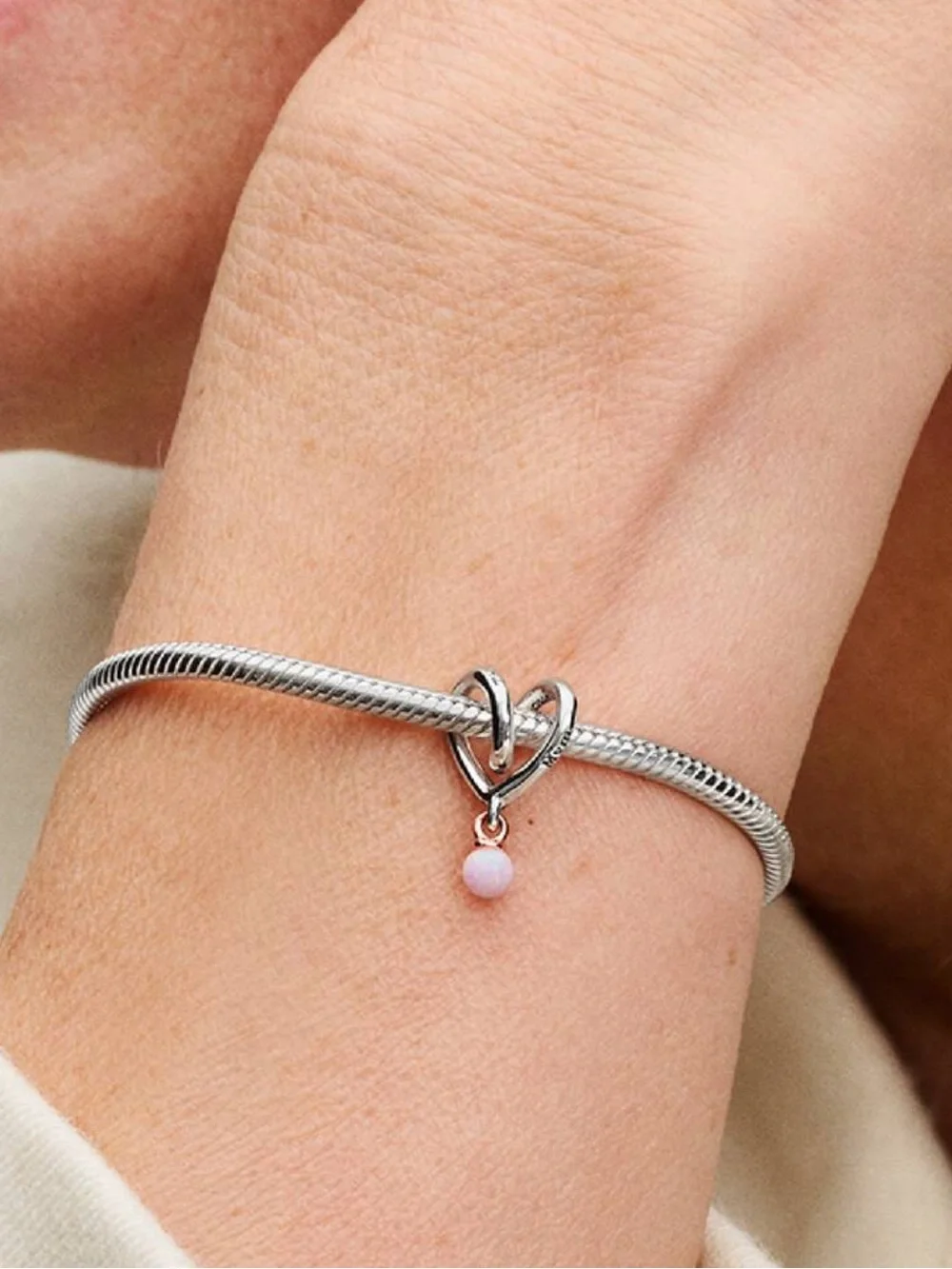 925 Two Tone Wrapped Heart Dangle Charm Pink Opal Love Charm